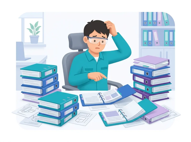 積み上がったファイルと書類に囲まれ、どれから開けばいいか迷っている若手