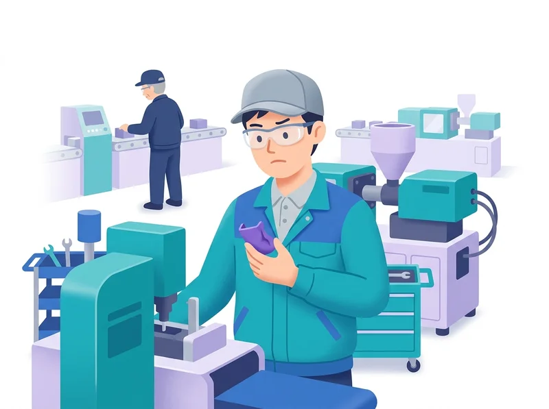 不良品を手に機械の前で困っている若手技術者と、遠くの別ラインで手が離せないベテラン